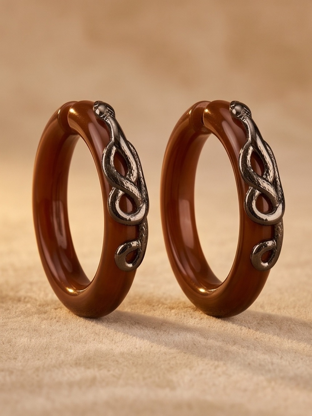 Brown Resin Hoop Earrings with Silver Snake Accent